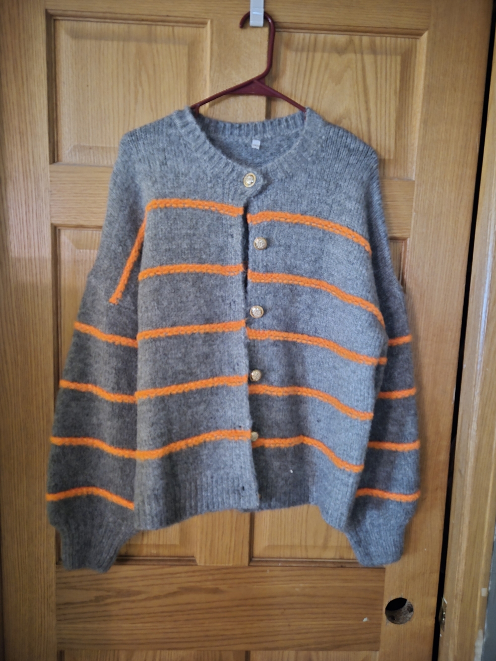 Cozy Gray Cardigan with Orange Stripes